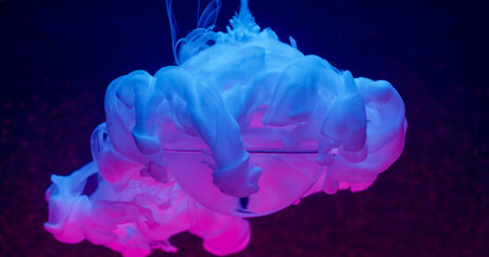 Neon cloud. Paint splash. Defocused white pink neon color water texture flow liquid round ball floating on abstract dark black background.の写真素材