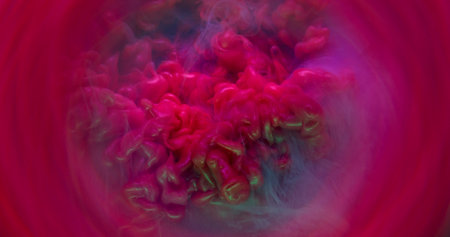 Glitter vapor. Gleam wave. Pink purple red puff stream blend in art splash. Abstract glitter paint...