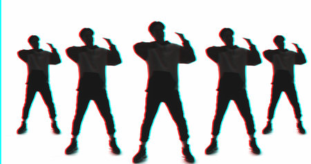 Dancing silhouette. Modern choreography. Black mirrored color double exposure outline of male group performing energetic movements isolated on white.の写真素材