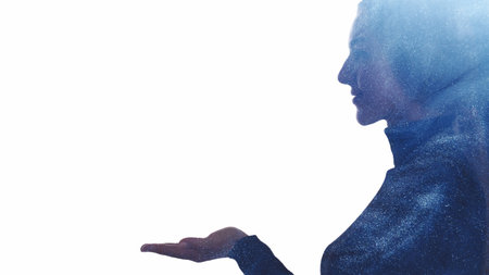 Beauty advertising. Facial cosmetology. Double exposure glitter mist silhouette of woman with hand...