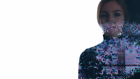 Artificial silhouette. Intelligence technology. Double exposure colorful iridescent liquid crystal glitch woman isolated on white empty space background.の写真素材