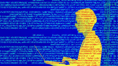 Hacker silhouette. Data security. Colorful encryption glitch noise on yellow double exposure profile...