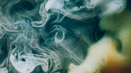 Paint cloud. Defocused stream. Gray blue pigment smoke mix floating art twist substance. Color fluid fume flow abstract black background.の写真素材