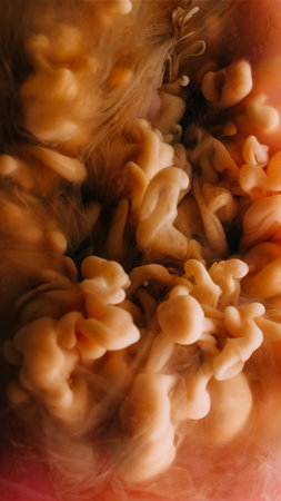 Smoke swirl. Paint flow. Brown orange pigment floating mix in blur water. Abstract mystic artistic haze mist texture background.の写真素材