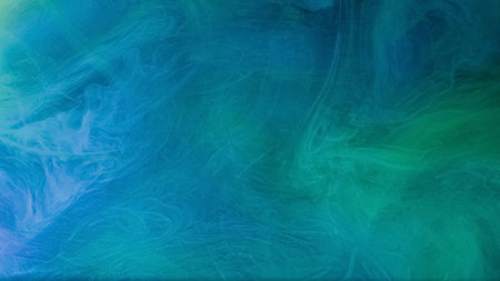 Glow fog. Paint color cloud. Defocused blue green haze ink mist texture vapor liquid sparkle water flow on abstract light background.の写真素材