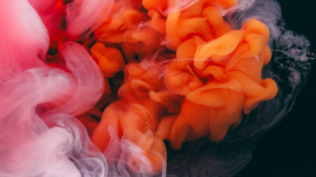Haze flow. Fume blend. Orange red pink smoke ink drop explosion in water. Color cloud blowing blur splash abstract texture on black background.の写真素材