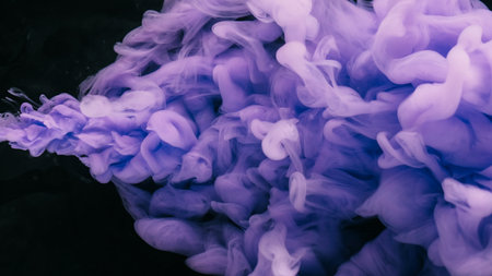 Fume explosion. Paint spread. Violet haze puff stream curl splash spilling on black background. Defocused art abstract flow dye shot.の写真素材