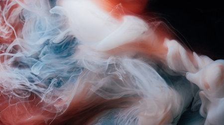 Paint cloud. Defocused stream. Colorful pigment smoke mix floating art twist substance. Fluid fume...