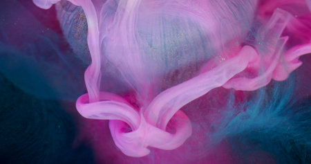 Shimmering liquid. Gloss wave. Pink paint color drop falling glass ribbed sphere. Floating luxurious...