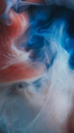 Paint haze. Vapor mix. Multicolor cloud flow blend on blur background. Fantasy abstract magic fume spill acrylic pigment in water.の写真素材