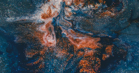 Glitter flow. Colorful fluid. Shiny liquid dust spill mix surface. Defocused blue orange copper gray...
