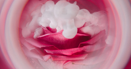 Fume fluid. Petal smoke. White wave paint smog covering rose flower bud. Defocused pink round lens art abstract decorative background.の写真素材