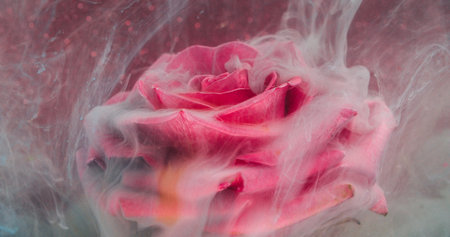 Grunge fume. Rose flower. Soft swirl gray ink wave mix in water. Art fluid pink bud petal defocused...