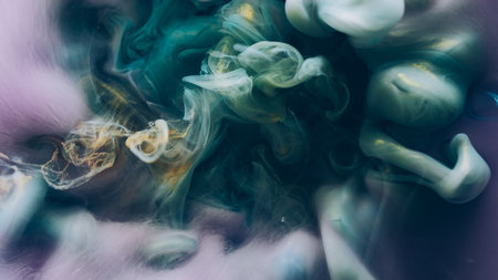 Paint cloud. Defocused stream. Gray blue violet pigment smoke mix floating substance. Color fluid fume flow abstract galaxy background.の写真素材
