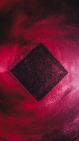 Geometric stand pink purple ink wave flow glass cube color abstract background. Spiral stream dust fantasy blur dye.の写真素材