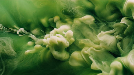 Wave fog. Mist ink. Curl white dye blast flow green water. Colorful art haze pigment cloud explosion fluid surface blur background.の写真素材
