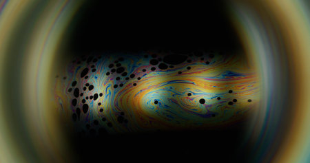 Multicolor liquid. Chaotic bubble. Neon oil paint blend art fluid round portal lens. Abstract spill...
