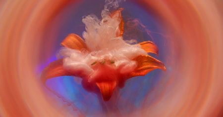 Flower ink drop. Fume paint. Glossy silver orange stream blotch on natural lily. Art fluid color abstract round blue sphere background.の写真素材
