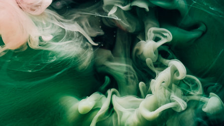 Colorful fume. Defocused flow. Mystic green ink spill abstract liquid background. Art swirl paint...