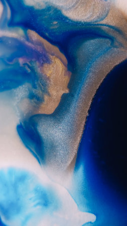 Wet texture. Acrylic wave. Defocused blue purple white colorful chemical ripple in glitter water...