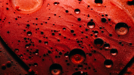 Bubble art. Sparkling fluid. Defocused red bronze color ink in water chemical liquid oil drop texture leaking on creative abstraction.の写真素材