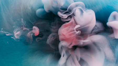 Chemical ink blend. Paint water. Blur blue purple pink colorful cloud blob mix ethereal liquid floating on abstract art background.の写真素材