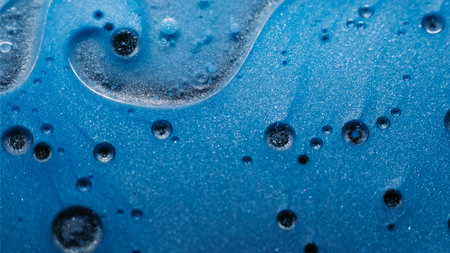 Bubble fluid. Oil liquid texture. Defocused blue color paint in water round shiny ink drop floating...