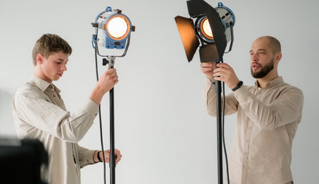 Spotlight prepare. Studio tripod. Male lighting technicians team adjust height of professional...