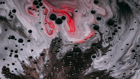 Sparkling flow. Oil liquid texture. Defocused white red color paint in water round shiny ink drop floating on abstract art acrylic background.の写真素材
