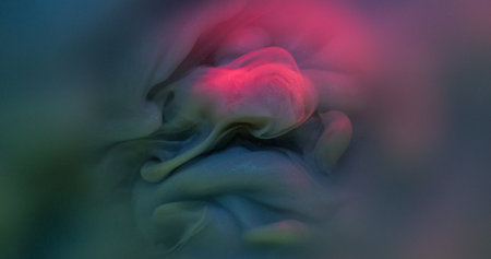 Neon cloud. Glowing smoke. Pink blue gray color ink vapor explosion in art water. Atmospheric...