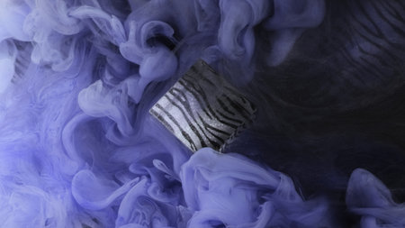Cube paint smoke. Color vapor splash. Defocused purple haze fume mist ink texture cloud fog on...