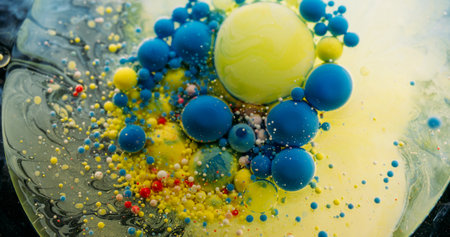 Paint blob. Acrylic bubble. Mix round pigment multicolor balls layer circle surface. Art fluid blue...