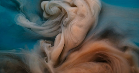 Shiny fluid. Vapor art. Defocused brown blue color paint glitter texture acrylic chemical substance spreading on abstract background.の写真素材