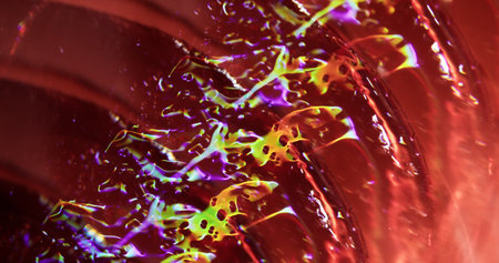 Color splatter. Blur flare reflection. Multicolor particles lens optical purple blue bokeh light modern background.の写真素材