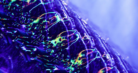 Neon splatter. Blur flare reflection. Multicolor particles lens optical turning on purple blue bokeh light modern background.の写真素材