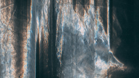Aged foil. Distressed texture. Blue orange white color curve line dust scratches uneven static artifacts art abstract black background.の写真素材