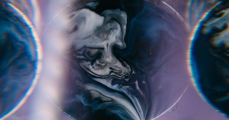 Pigment wave. Defocused paint texture. Purple black liquid spreading on gray abstract background. Blur round arch lens color glow frame.の写真素材