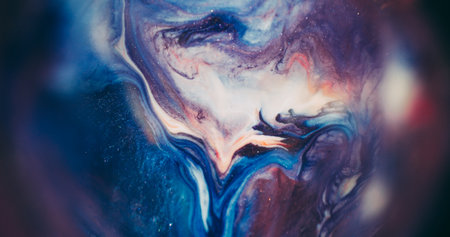 Shiny blend. Blur paint water. Blue orange purple color sparkling liquid stream leak in defocused frame. Marble swirl abstract background.の写真素材