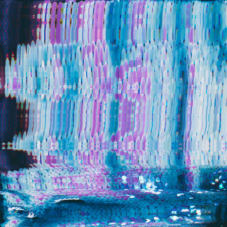 Glitch noise. Vibration overlay. Black display glitch surface with blue purple white smearing glowing scale ornament on dark background.の写真素材