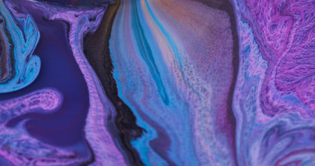 Spill texture. Ink ripple flow. Blur purple yellow blue color water golden mix fluid emulsion floating on abstract creative background.の写真素材