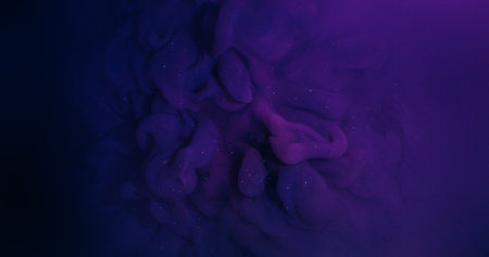 Paint texture mix. Shimmer background. Defocused neon color swirling purple smoke glitter fume liquid on creative art dark black abstraction.の写真素材
