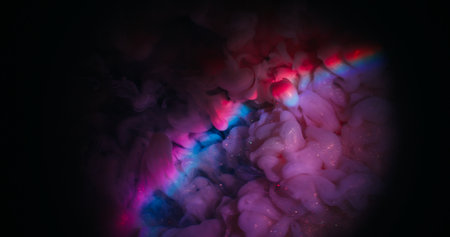 Neon blend. Shiny ink flow. Defocused purple pink blue color gleam sparkling rainbow particles...