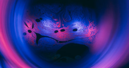 Ink blur mix. Neon fluid flow. Bokeh round lens effect colorful tunnel whirl frame. Blue pink sphere...