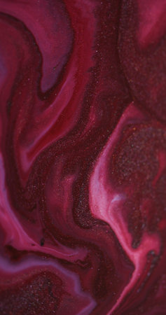 Paint blend. Color water spill. Defocused red pink purple droplets sparkling wet texture floating on abstract modern art background.の写真素材
