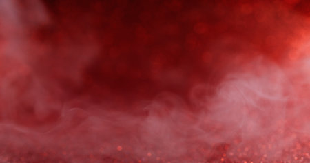 Glitter ink. Cloud fume. Defocused red crimson colorful shiny mist white vapor texture growing on abstract dark black art background.の写真素材