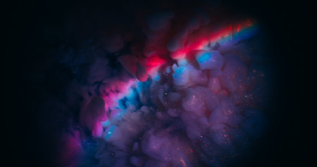 Sparkling paint. Light background. Defocused purple blue pink colorful rainbow beam neon texture floating on creative acrylic abstraction.の写真素材