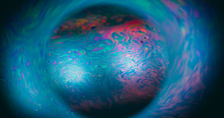 Defocused gasoline fluid. Mystical paint. Colorful glowing emulsion oil mix sphere. Blue green purple cosmic background black frame.の写真素材