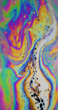 Holographic blur swirl. Iridescent soap. Rainbow bubble swirl fantasy bright art ink water surface....