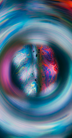 Rainbow blur oil. Paint mix. Multicolor round lens wave gasoline liquid neon pigment background. Abstract neon gray blue red frame fluid.の写真素材