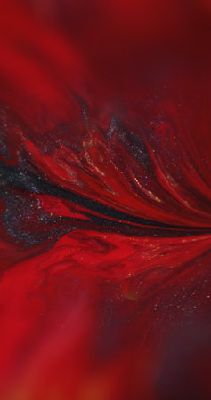 Color mix. Shiny texture. Defocused red paint splash glitter dark black particles flowing spreading on abstract creative art background.の写真素材